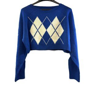 Retro Argyle Blue Cropped Knit Sweater Women's Size XL Streetwear Society